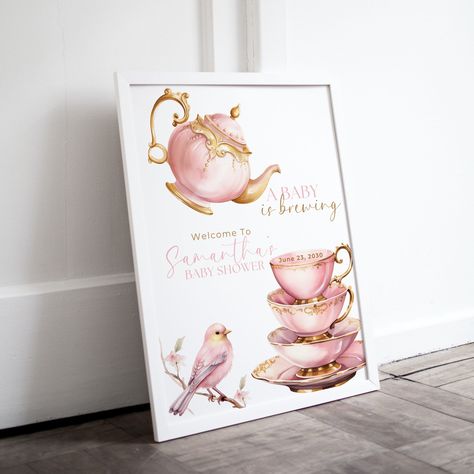 Party Signage, A Baby Is Brewing, Baby Is Brewing, Gold Tea, Teapot Design, Baby Shower Tea, Welcome Sign Template, Entrance Sign, Baby Shower Welcome Sign