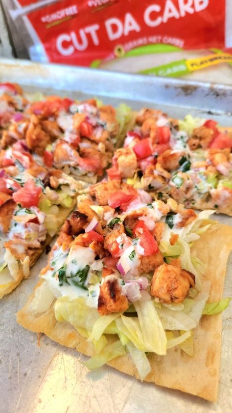 Low Carb Chicken Taco Pizza Recipe | Cut Da Carb Taco Chicken Recipes, Pizza With Tortilla, Taco Low Carb, Low Carb Tortilla Pizza, Taco Pizza Recipe, Italian Grinder, Taco Pizza Recipes, Crispy Flatbread, Taco Chicken