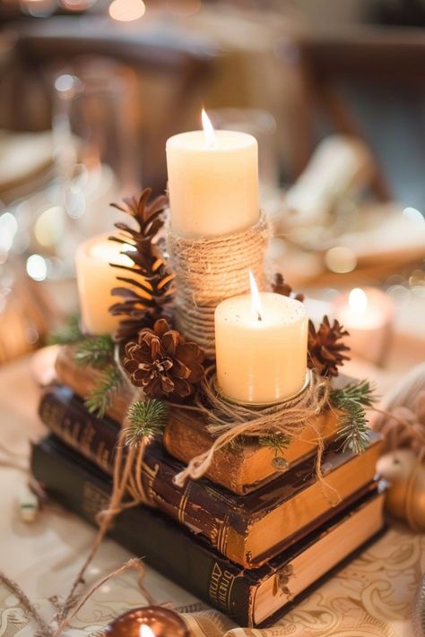 Add a literary touch to your wedding with book centerpieces that show your passion for reading. See more ideas here. Vintage Book Centerpiece, Book Theme Wedding, Book Wedding Centerpieces, Enchanted Forest Book, Minimalist Centerpiece, Wedding Centerpiece Ideas, Book Centerpieces, Small Glass Vases, Winter Books