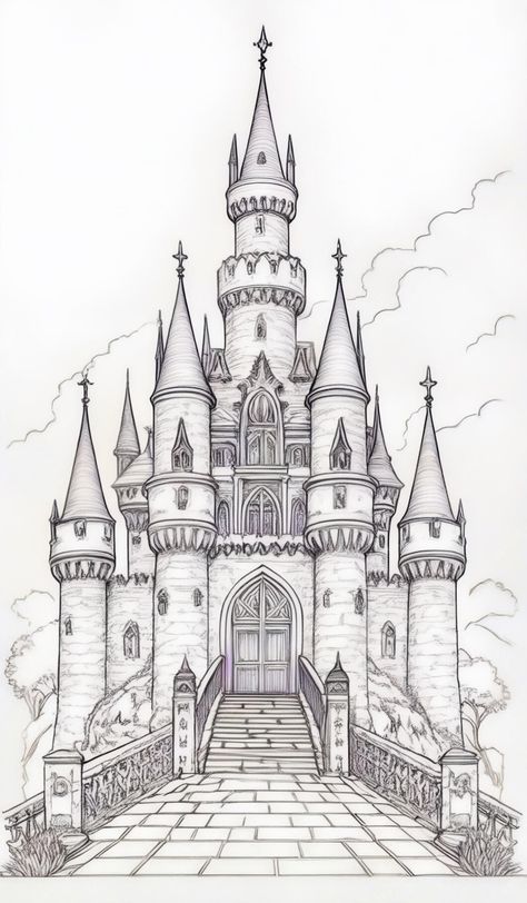 Castle Drawing Sketches, Castle In The Distance Drawing, Disney Castle Sketch Tattoo, Castle Sketch Simple, Castle Outline Drawing, Castle Line Art, Disney Castle Line Art, Disney Castle Drawing, Castle Drawing