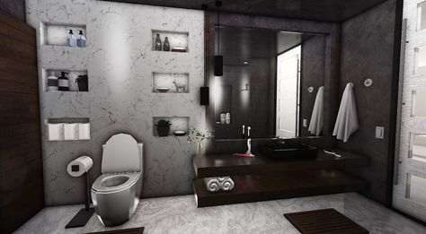 Bloxburg Modern Restroom, Bloxburg Luxury Bathroom Ideas, Dark Bloxburg House Interior, Light Modern Bloxburg House, Modern Bloxburg Bathroom Ideas, Big Bathroom Bloxburg, Dark Bloxburg Kitchen, 4x4 Bloxburg Bathroom, Bloxburg Room Inspo Modern