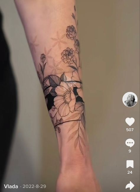 Geometric Cuff Tattoo, Feminine Geometric Tattoo, Arm Tattoos Ideas, Fine Line Floral Tattoo Sleeve, Arm Cuff Tattoo, Feminine Shoulder Tattoos, Geometric Tattoo Sleeve Designs, Lower Arm Tattoos, Tropical Tattoo