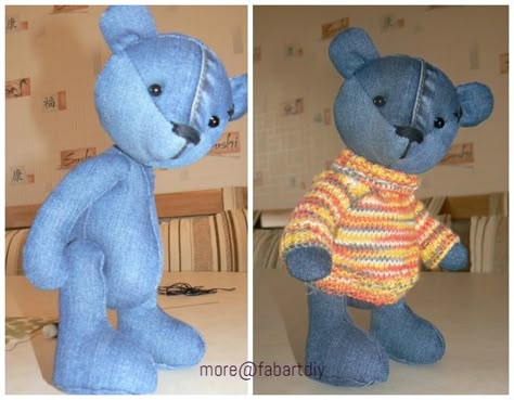 DIY Cute Jean Teddy Bear Free Sew Pattern & Template Denim Bear Pattern Old Jeans, Sewing Pattern Stuffed Animal Free, Denim Teddy Bear Pattern, Teddy Bear Patterns Free Sewing, Memory Bears Pattern Free, Thirteenth Doctor, Teddy Bear Patterns Free, Diy Teddy Bear, Teddy Ruxpin