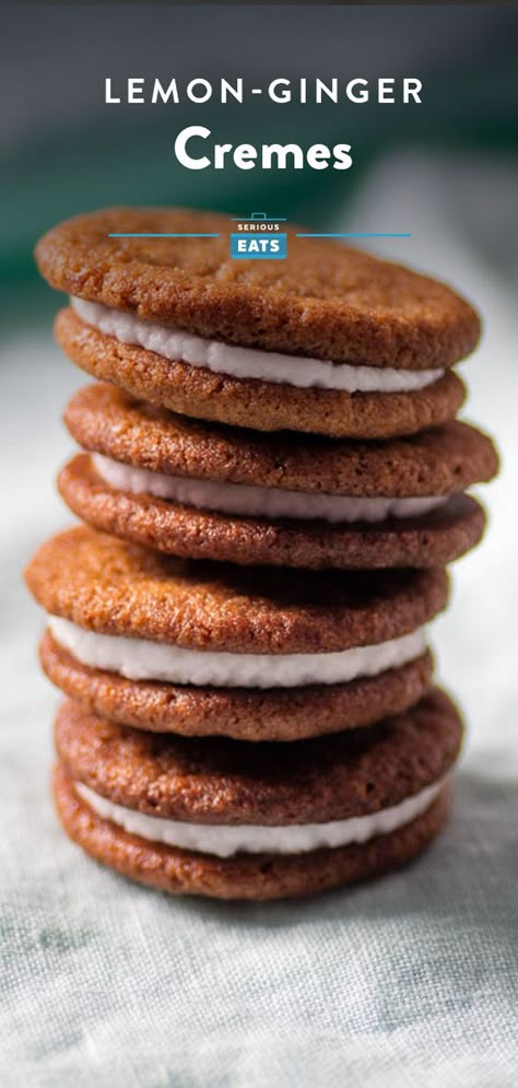 Crispy Lemon-Ginger Sandwich Cookies Recipe Ginger Shortbread, Lemon Creme, Cookie Sandwich Recipes, Eat Healthy Food, Lemon Ginger, Ginger Cookies, Serious Eats, Sandwich Cookies, Molasses