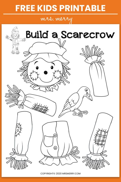 Free fall craft for kids. Build your very own scarecrow. Color, cut and paste your scarecrow together. A great craft for kindergartners or preschools. #indoorkidsactivities #fallcraftsforpreschoolers #practicewithscissors #makeascarecrow #freeteacherresources #rainydayactivity #wizardofoz #halloweencraftsforkids #halloweenactivities Grade 3 Fall Activities, Fall Fun Classroom Activities, Fall Arts And Crafts For Kids Activities, Fall Ideas Activities For Kids, Homeschool Halloween Crafts, Scarecrows Kindergarten Activities, Fall Art Activity For Toddlers, Fall Activity Printables, Fall Storytime Crafts