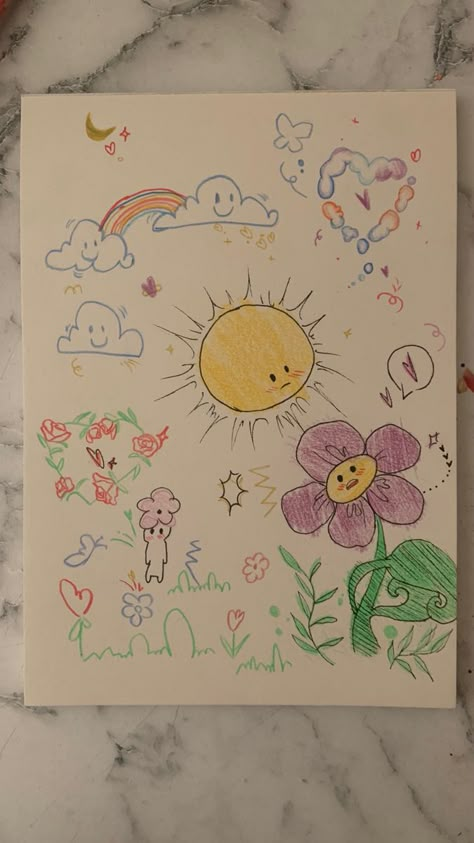 Easy Graphic Drawings, Easy Art With Markers, Sketchbook Ideas Colorful, Teacher Drawing Ideas, Kid Core Drawing, Cute Tree Drawing, Childhood Doodles, Easy Marker Drawing, Sketchbook Pages Aesthetic