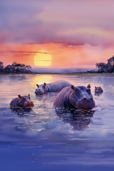 Hippo Canvas Painting, Hippopotamus Painting, Hippo Painting, Watercolour Hippopotamus, Hippo Watercolor, Hippo Wall Art, Elephant Sunset Painting, Art Street, Blue Lake