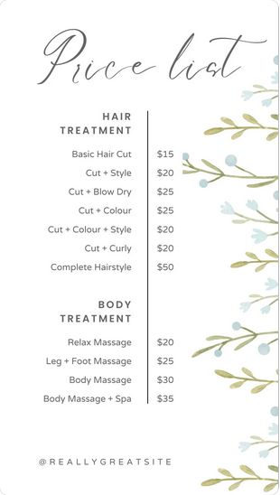 White Floral Salon Price List Canva Template Massage Prices, Body Massage Spa, Salon Price List, 50 Hair, Price List Template, Massage Room, Spa Massage, List Template, Foot Massage