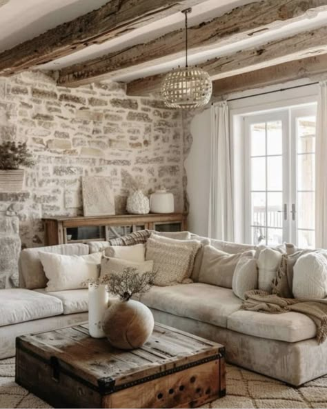 Country Modern Home Decor, Cozy Rustic Farmhouse Living Room, Cozy Cottage Sofa, Rustic Stone House Interior Design, Country Interior Design Farmhouse Style, Living Room With Stone Wall, Modern Farmhouse Living Room With Color, Monochromatic Decor Interior Design, Country Modern Interior