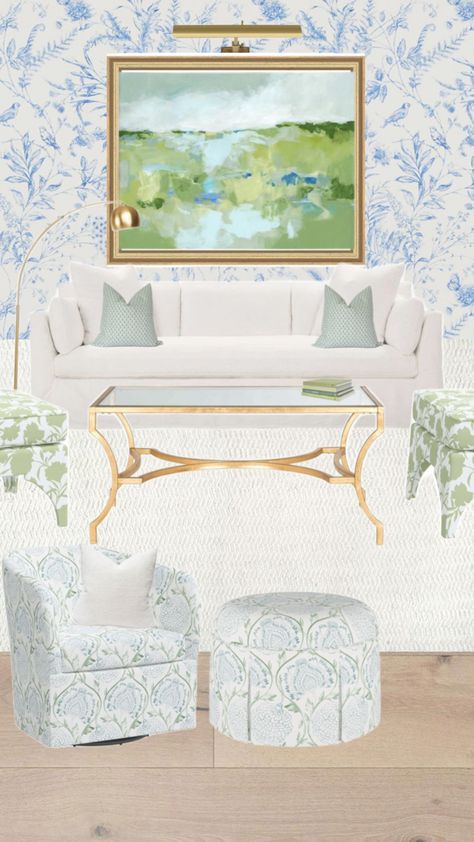 Charleston Living Room, Grandmillenial Living Room, Living Room Collage, Charleston Living, Blue And Green Living Room, Dallas Apartment, Room Collage, Green Living Room, College House