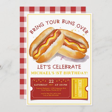 Cookout Birthday Party, Hot Dog Cookout, Hot Dog Bar Party, Cookout Theme, Birthday Cookout, Dog Party Invitations, Hot Dog Party, Dog First Birthday, Dog Themed Birthday Party