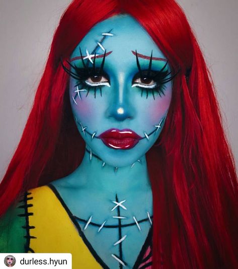 sfxmakeup fx facepaint on Instagram: “❌Not my makeup ❌  Amazing sally form nightmare before CHRISTMAS ! SO talented ❤️ #Repost @durless.hyun • • • • • 💀🌹¿Cuando sabra lo que…” Sally Face Painting, Horror Smink, Sally Makeup, Paint Halloween, Themed Costumes, Halloweenský Makeup, Halloween Make-up Looks, Holloween Makeup, Mermaid Cosplay