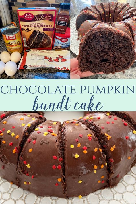 Pumpkin Cake Mix, Chocolate Box Cake, Mini Bundt Cakes Recipes, Chocolate Cake Mix Recipes, Thanksgiving Chocolates, Easy Bundt Cake Recipes, Chocolate Pumpkin Cake, Pumpkin Bundt, Easy Bundt Cake