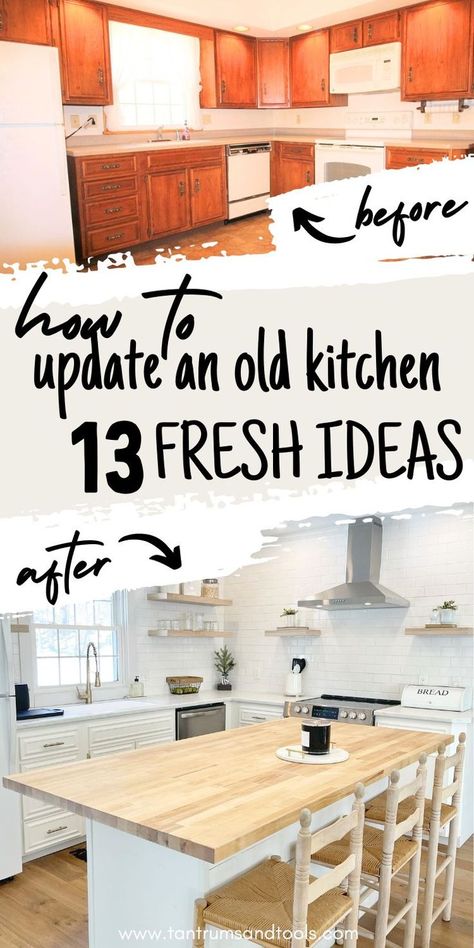 outdated 50's kitchen before and after kitchen remodel with white painted cabinets Dated Kitchen Makeover, Old Kitchen Makeover, Small Kitchen On A Budget, Budget Friendly Kitchen Remodel, Countertops Laminate, Old Kitchen Remodel, Kitchen Makeover Ideas, Easy Home Upgrades, Dated Kitchen