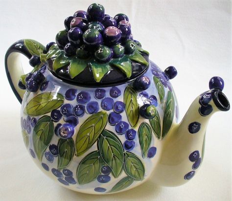 2004~J.McCall~LIDDED TEAPOT~Blueberries~BLUE                                                                 SKY~Handpainted~FLORAL~Figural~EC This beautiful ceramic teapot was made and painted in 2004 by J. McCall. Used for display only.  I'm selling collection of glass, pottery and collectibles from a large Estate.  Please keep checking with me often. I post something new every day.  I will combine shipping on anything in my store. Please, use the "Add to my Cart Button". When you are all fini Tea Party Table, Blue Teapot, Tea Pitcher, Icing On The Cake, Tea For One, Tea Tins, Uk Kitchen, Teapots And Cups, Chocolate Pots