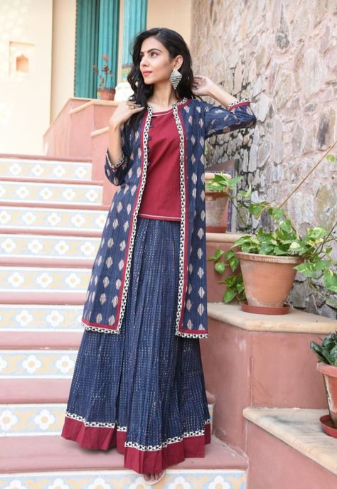 Three Pieces Dress For Women, Long Skirt Top Designs, Indian Bridal Party, Cotton Dress Pattern, Long Skirt And Top, Gota Patti Work, Long Frock Designs, Diwali Special, Bagru Print