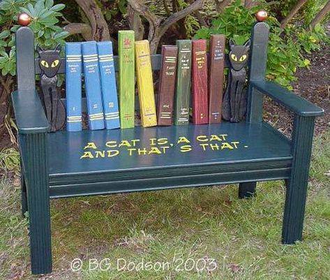 Book Bench, Deco Originale, Little Library, Free Library, Painted Chairs, The Words, Yard Art, Garden Projects, A Cat