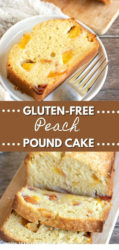 This decadent moist gluten free peach pound cake is a winner. Use fresh, frozen, or canned peaches. You can top the cake with icing, or enjoy this simple cake plain. Summer peaches make this cake amazing. Gluten Free Peach Recipes, Peach Pound Cake, Gluten Free Pound Cake, Gluten Free Peach Cobbler, Cassava Flour Recipes, Peach Pound Cakes, Gluten Free Cake Recipe, Dessert Oreo, Peach Recipes