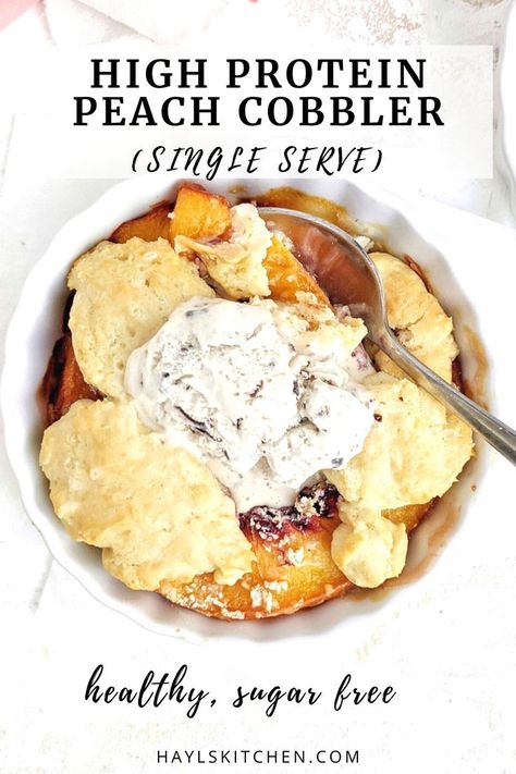 Healthier Peach Cobbler, Healthy Peach Cobbler Clean Eating, High Protein Peach Recipes, High Protein Peach Cobbler, Protein Peach Cobbler, Healthy Cobbler Recipes, Protein Cobbler, Peach Cobbler For One, Healthy Cobbler