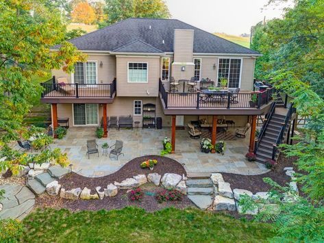 Adding a Patio Under Your Deck: Tips and Ideas for Homeowners in Lancaster and Reading, PA Back Patio Under Deck Ideas, Outdoor Fireplace Under Deck, Deck To Patio Transition, Under Deck Patio Ideas, Walkout Patio, Walkout Basement Patio, Backyard Entertaining Space, Patio Under Decks, Backyard Goals