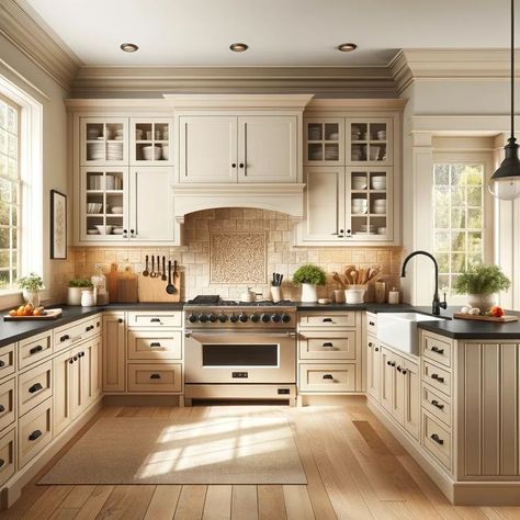 Black Granite Cream Cabinets, Cream Kitchens With Black Appliances, Dark Kitchen Granite Countertops, Taupe Kitchen Cabinets With Dark Granite, Black Countertops Gold Hardware, Countertops With Beige Cabinets, Beige Backsplash Kitchen, Dark Countertops White Cabinets, Beige Cabinets Kitchen