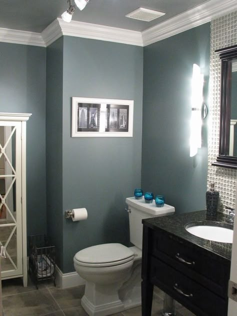 blue-grey bathroom love the crown molding.  Downstairs bathroom (?)  Paint the ceiling  Glidden Smooth Stone (?) Makeover Kamar Mandi, Revere Pewter, Small Paint, Subway Tiles, 아파트 인테리어, Bathroom Update, Grey Bathrooms, Stylish Bathroom, Luxury Kitchens