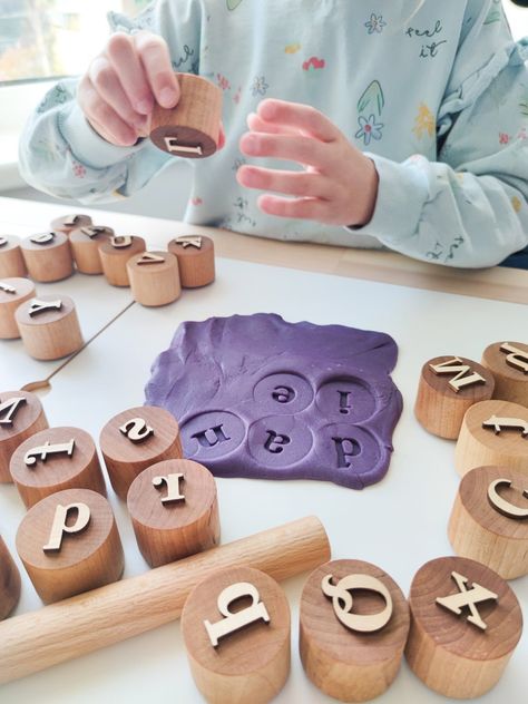 Wooden Alphabet Play Dough Stampers. Double-sided Letter - Etsy Play Dough Toys, Wooden Educational Toys Montessori, Laser Cut Toys, Wood Crafts For Kids, Handmade Toys For Kids, Wooden Kids Toys, Diy Wooden Toys, Montessori Alphabet, Montessori Wooden Toys