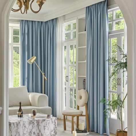 Imagine waking up feeling refreshed, without any harsh sunlight peeking through your curtains. 🌅 Our blackout curtains create a cozy, dark oasis for the perfect night's sleep. Made with soft, eco-friendly fabric, they block 99% of light and noise. 😴 Plus, you can customize the length and fullness to fit your windows perfectly. Sweet dreams await!⁣ Shop our blackout curtains with code SLEEP10 for 10% off your first order. Click the link in bio. 👆 Light Blue Curtains Living Room, Paris Minimalist, Unique Windows, Light Blue Curtains, Piano Lounge, Cartridge Pleats, French Pleat, Ceiling Curtains, Color Celeste