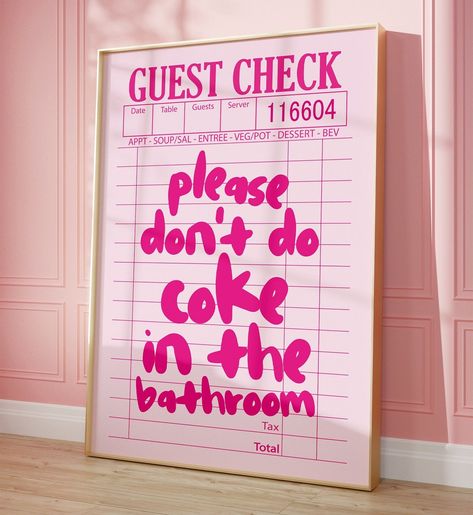 Guest Check Print, Hot Pink Walls, Preppy Decor, Pink Bar, Guest Check, Bar Cart Art, Bar Poster, Funny Bathroom Decor, Pink Wall Art