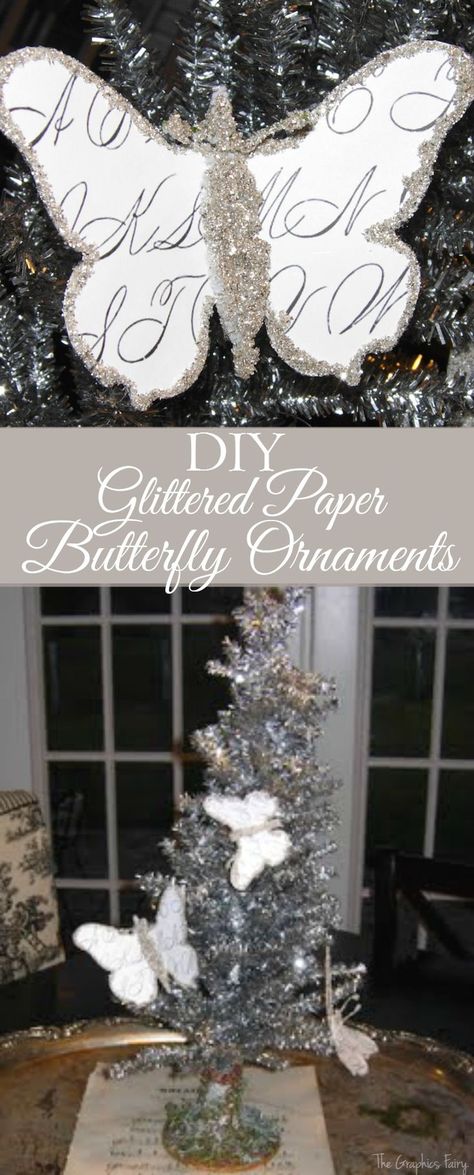 DIY Glittered Paper Butterfly Ornaments Printable Butterflies, Diy Christmas Gifts For Kids, Victorian Ornaments, Silver Christmas Decorations, White Butterflies, The Graphics Fairy, Butterfly Ornaments, Butterfly Collection, Diy Butterfly