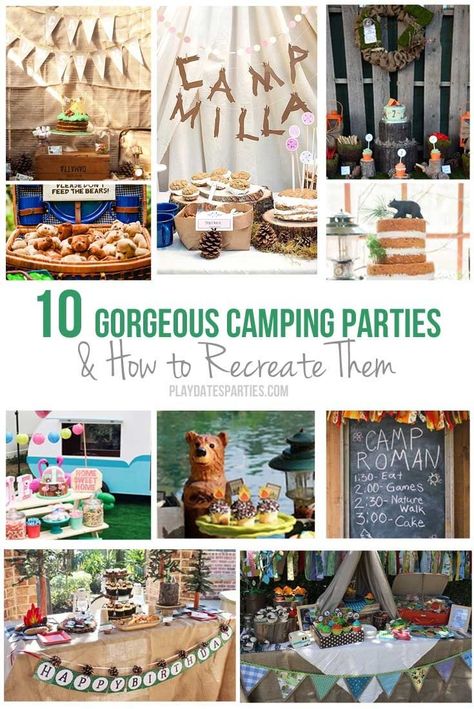 Outdoor Themed Party Food, Camping Themed Appetizers, Camp Theme Food Ideas, Diy Camping Party Decor, 40th Birthday Camping Party, Camp Themed Dinner Party, Rv Party Ideas, Outdoor Camping Party Decor, Camping Theme Tablescape