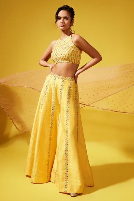 Buy Chamee and Palak Yellow Silk Floral Embroidered Palazzo Set Online | Aza Fashions Luxury Multicolor Silk Palazzo Set, Luxury Traditional Palazzo Set With Straight Pants, Luxury Gold Dola Silk Palazzo Set, Luxury Bollywood Palazzo Set With Dori Work, Luxury Floor-length Palazzo Set For Diwali, Luxury Floor-length Palazzo Set For Festivals, Luxury Bollywood Floor-length Palazzo Set, Luxury Silk Palazzo Set With Dori Work, Luxury Dola Silk Palazzo Set With Dori Work