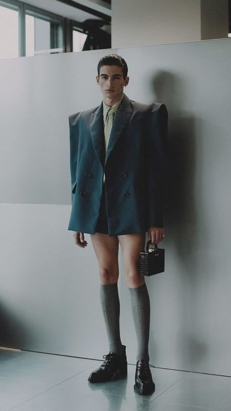 Man Fashion Editorial Photography, Men Suit Editorial, Male Avant Garde Fashion, Feminine Men Aesthetic, High Knee Socks Outfit, Woman In Suit, Genderless Fashion, Sock Outfits, Mens Editorial