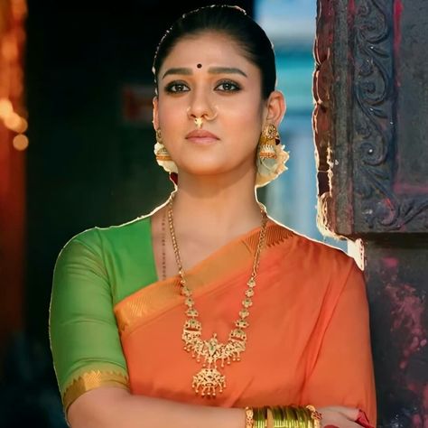 Mookuthi Amman, Nayanthara In Saree, Saree Jewellery, Orange Saree, Back Neck Designs, Half Saree Designs, Devotional Songs, Jewellery Unique