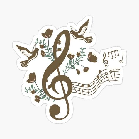 Treble Clef with floating music notes,birds,blooming flowers and leaves surrounding it. #redbubble #stickers #laptop #printable #musiclovers #trebleclef #instruments #sound #melody #rock #band #birds #leaves #flowers #nature #trendy Scrapbook Stickers Printable Music, Treble Clef Aesthetic, Music Printable Stickers, Music Stickers Printable, Laptop Printable, Pin Prints, Music Notebook, Note Sticker, Our Adventure Book