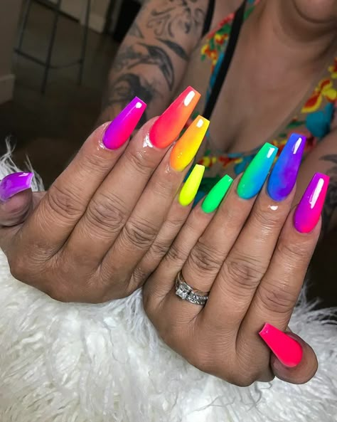 Bright Summer Nail Colors 2020, Neon Color Nail Ideas, Rainbow Acrylic Nails Almond, Black And Rainbow Nails Art Designs, Bright Coffin Acrylic Nails, Gay Pride Nails Acrylic, Rainbow Bright Nails, Long Neon Nails, Bright Neon Acrylic Nails Summer