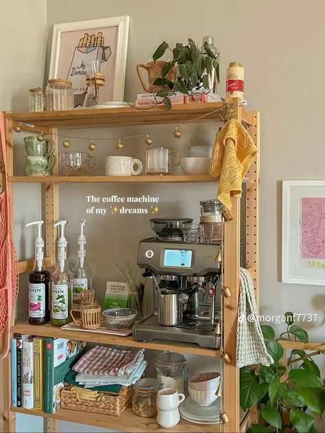 Cottagecore Apartment Kitchen, Apartment Decorating Coffee Bar, Above The Oven Decor, Cute Apartment Aesthetic Kitchen, Artsy Kitchen Aesthetic, College Apartment Aesthetic Kitchen, Funky Storage Ideas, Mini Fridge Set Up, Dorm Kitchenette Ideas