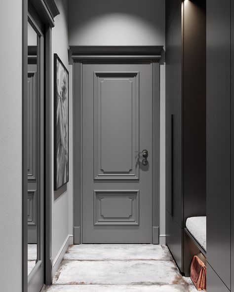 Grey Interior Doors, Neoclassical Interior Design, Interior Door Styles, Modern Entrance Door, Neoclassical Interior, Bedroom Interior Design Luxury, Doors Interior Modern, Entrance Door Design, Hal Decor