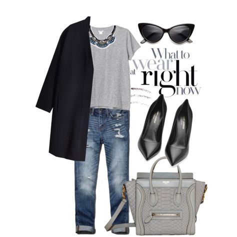 Top Fashion Set for Sep 29th, 2014 by justvel on Polyvore featuring Monki, H&M, Abercrombie & Fitch, Yves Saint Laurent and Topshop Karla's Closet, Chic Dressing, Boyfriend Fit Jeans, Heavy Coat, What To Wear Today, Gray Top, Jeans Grey, Grey Tee, Coat Black