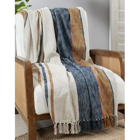 Fennco Styles Striped Cotton Throw Blanket with Tasse Wrap yourself in cozy comfort with this Striped Tassel Throw Blanket. Features the navy blue and brown stripes pattern against a woven textured backdrop creates a unique color block style for a warm look and feel, tassel detailing on the ends lends visual appeal to any space. The simple design blends effortlessly with any decor style, lay it cascading over the back of a sofa or keep it folded at the foot of your bed to add a touch of luxury t Slate Blue And Gray Bedding, Family Room With Navy Couch, Decor For Blue Couch, Throw Blanket For Couch, Brown And Navy Bedroom, Blue Western Living Room, Navy Blue And Tan Bedroom, Navy Blue And Rust Bedroom, Gray And Navy Blue Living Room