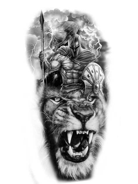 Front Body Tattoo Men, Lion And Spartan Tattoo Design, Spartan Warrior Tattoo Sleeve, Lion Spartan Tattoo, Lion Forearm Tattoo For Men, Upper Half Sleeve Tattoos For Guys, Mens Forearm Tattoos Ideas Unique, Leo Tattoo For Men, Cool Arm Tattoos For Guys