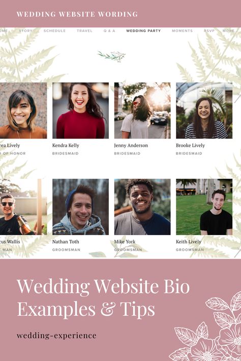 Examples of fun and funny wedding website wording for introducing your bridal party! Tips on writing the perfect introductions to your bridal party. Wedding Party Website Ideas, Bridal Party Introductions, Wedding Party Bio Examples, Bridal Party Introduction Ideas, Wedding Party Introductions Ideas, Wedding Party Introductions, Wedding Website Wording, Website Bio, Best Wedding Websites