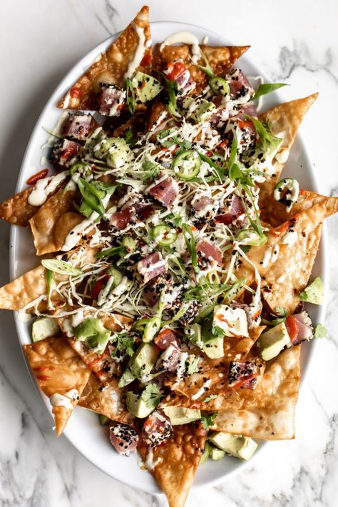 Tuna Wonton Nachos, Tuna Wonton, Wonton Nachos, Ahi Tuna Nachos, Tuna Nachos, Nachos Recipes, Fried Wonton, Wasabi Mayo, Seared Ahi Tuna