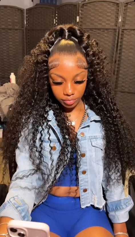 Up Down Deep Wave Wig, Black Curly Hairstyles Wig, Half Up Half Down Hairstyles Deep Wave, Curly Weave Hairstyles Half Up Half Down, Water Wave Wig Hairstyles Half Up Half Down, Half Up Half Down Deep Wave Hair, Deep Wave Wig With Bow, Wig Hairstyles Curly Hair, Deep Wave Wig Half Up Half Down