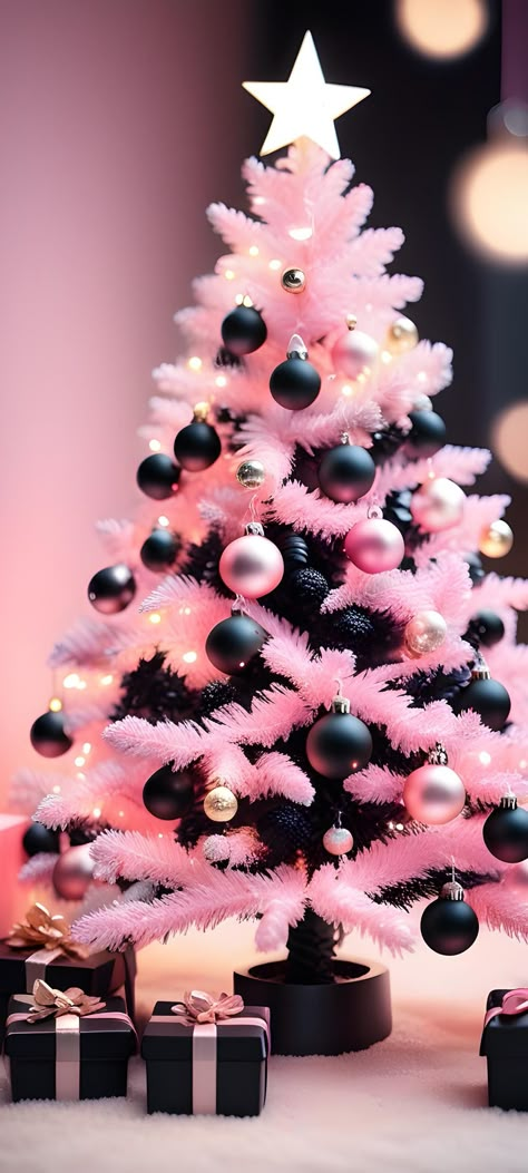 Xmas Pink Wallpaper, Pink And Black Christmas Wallpaper, Black And Pink Christmas Decor, Pink Winter Background, Black And Pink Christmas Tree, Pink New Year Wallpaper, Pink Christmas Tree Aesthetic, Pink Christmas Lockscreen, Luxury Christmas Aesthetic