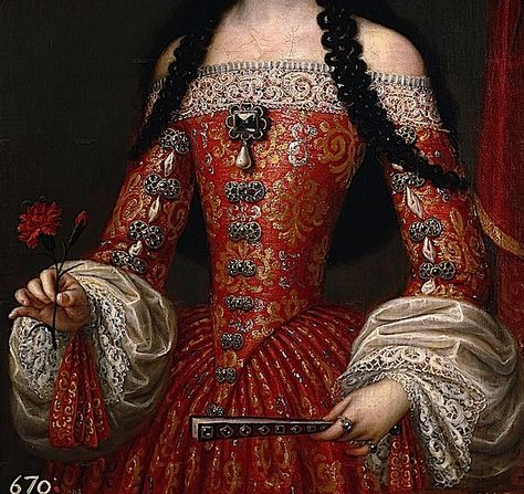 1679 Maria Luisa Orleans by Juan Carreño de Miranda Queen Of Spain, 17th Century Fashion, Detailed Paintings, Witch Aesthetic, Old Paintings, Clothing Details, Detail Art, Lace Making, Historical Clothing