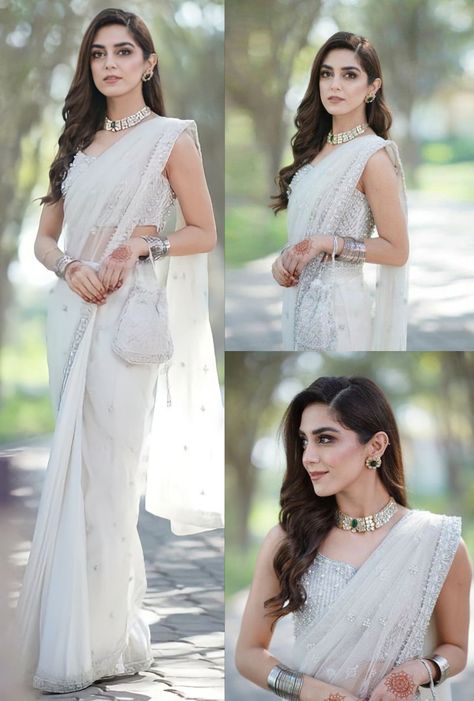 Simple Party Saree, Simple Sarees Classy, Blouse For Fat Arms, Net Saree Look Modern, Reception Saree Look, White Sari, Stylish Saree, Reception Saree, Indian Sari Dress