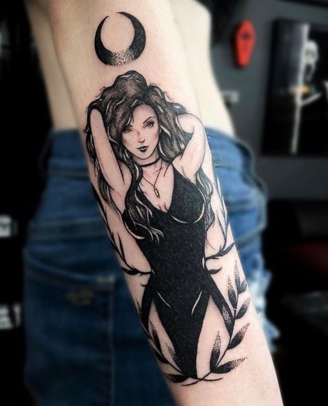 Witchy Goddess Tattoo, Dark Pinup Tattoo, Witchy Pinup Tattoo, Spooky Arm Tattoo, Naked Witch Tattoo, Moon Goddess Tattoos For Women, Female Vampire Tattoo, Goddess Of The Moon Tattoo, Tattoos Of Women Goddesses