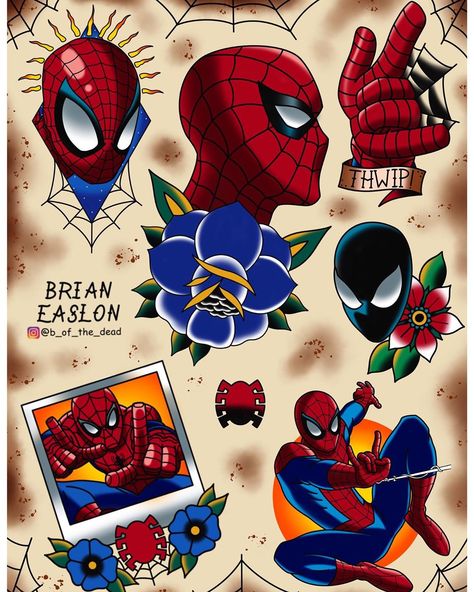 Super Man Tattoo Design, Traditional Spiderman Tattoo, Marvel Traditional Tattoo, Spiderman Art Comic, Spider Man Tattoos, Spiderman Tattoo Design, Tattoo Spiderman, Spider Man Tattoo, Man Tattoos