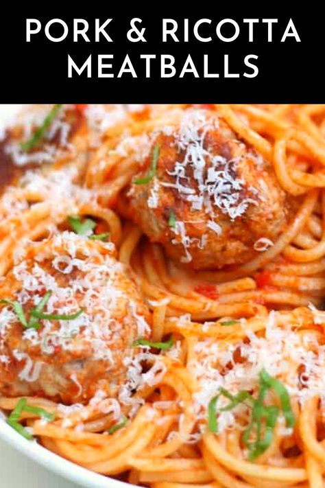 Easy baked pork and ricotta meatballs are juicy, tender and flavorful. This is my absolute favorite meatballs recipe! #meattballs #porkmeatballs #ricotta #dinner Pork Ricotta Meatballs, Pork And Ricotta Meatballs, Ricotta Dinner, Making Meatballs, Beef And Pork Meatballs, Homemade Italian Meatballs, Ricotta Meatballs, Meatless Meatballs, Winter Favorites